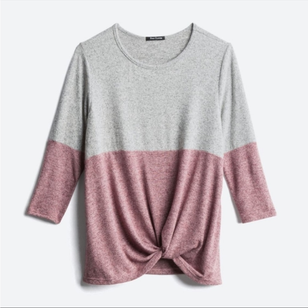 Pink and gray sweater with twist in front
